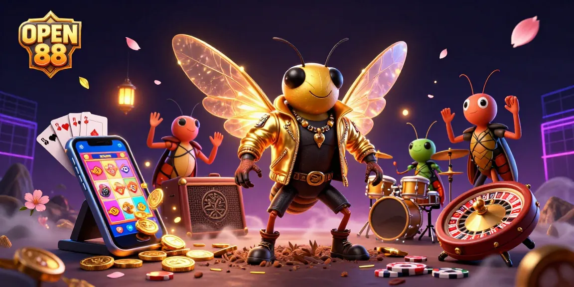 Experience the excitement at OPEN 88 as a rock star cicada leads a lively online casino scene with vibrant game elements.