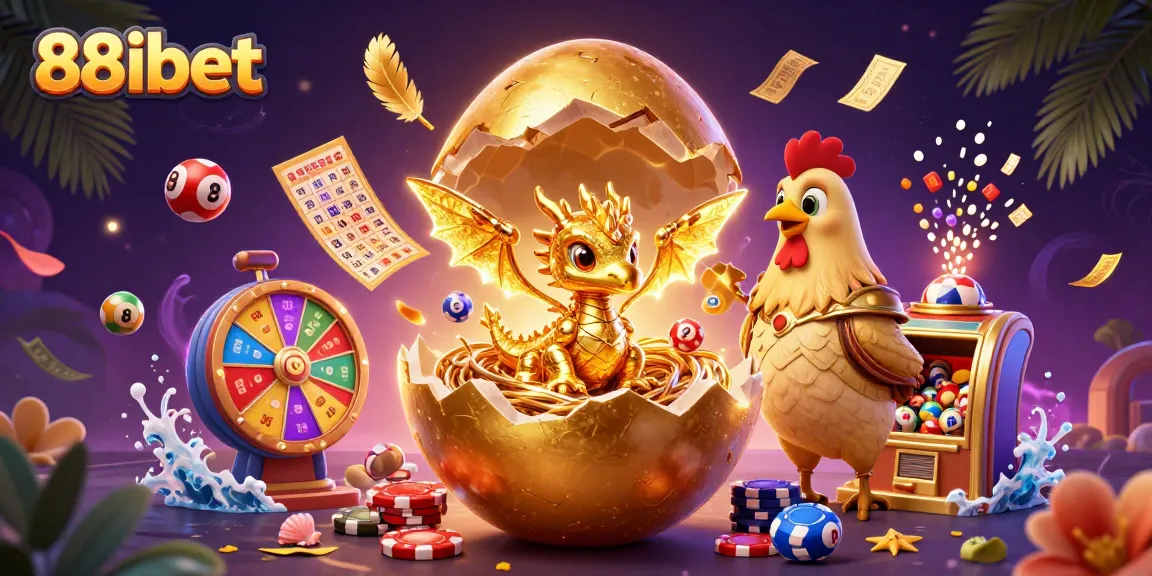 Experience thrilling games at 88ibet with vibrant lottery elements and a golden dragon amidst lavish casino motifs.