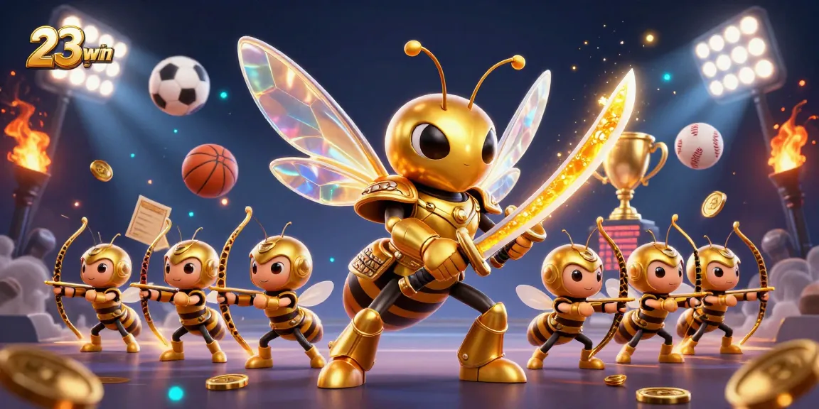 Experience winning strategies with 23win's vibrant 3D casino-themed illustration, filled with dynamic sports betting elements.
