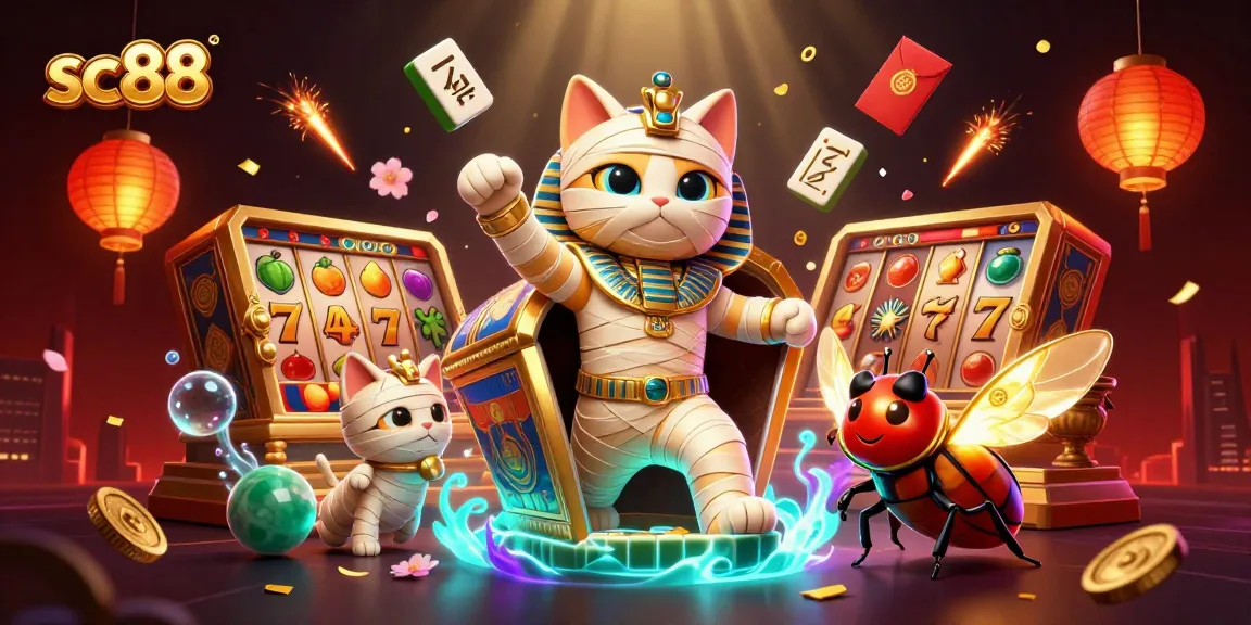 Experience sc88's thrilling slot gameplay with an energetic scene featuring a mummy cat and vibrant casino elements.