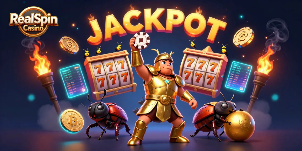 Engage with RealSpin Casino's thrilling slot games in this vibrant 3D illustration featuring animated characters and casino elements.