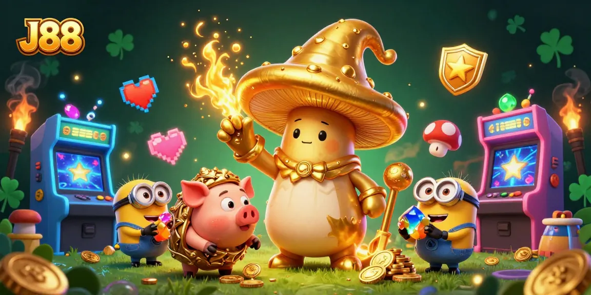 Experience thrilling gaming action with J88's vibrant 3D casino illustration featuring magical elements.